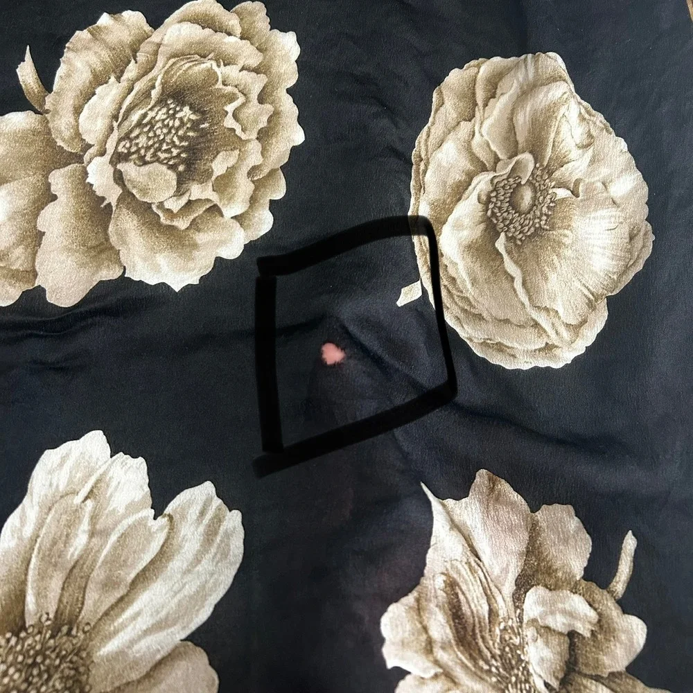 Ellen Tracy Silk Scarf Black Brown Floral Rose Print Square Large 32in Old Money